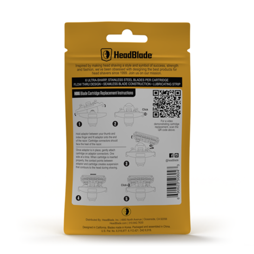HeadBlade-pakkaus näyttää keltaisen pussin, jossa on ohjeet ja QR-koodi vaihtovaihtoehtoja varten. Se on parranajokoneen tuote.