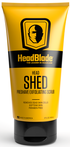 Keltainen ja musta purkki HeadBlade Head Shed kuorintaan, valmistettu Amerikassa.