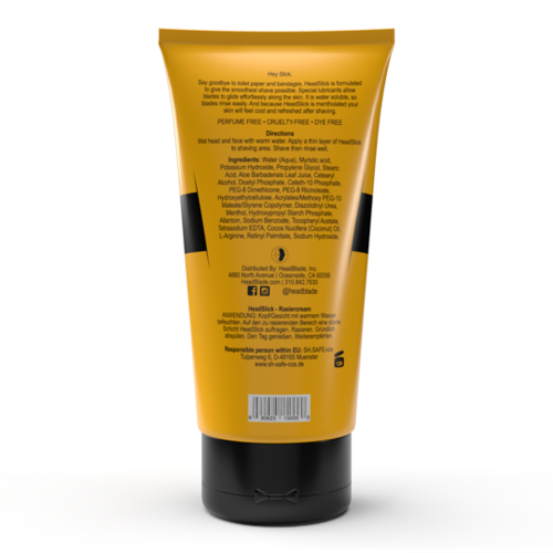 Keltainen ja musta päänahan shampootubipullo, jossa ohjeet ja ainesosat takana.