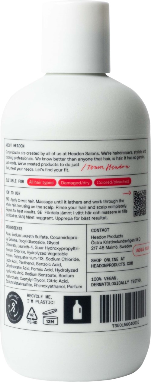 Een witte fles met een label met instructies, waarschuwingen, ingrediënten en recyclinginformatie.