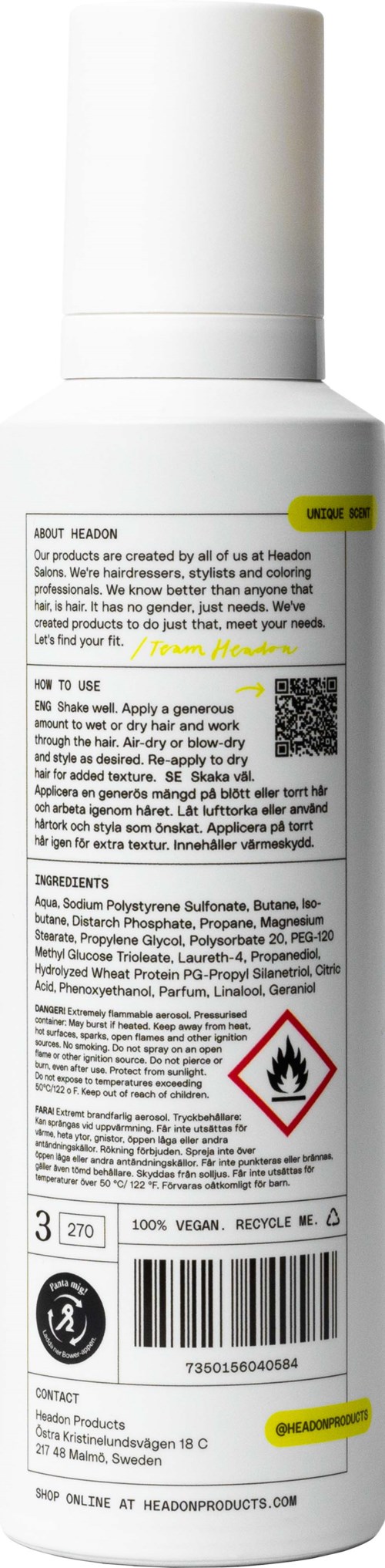 Een witte fles met etiket, waarschuwingssymbool, streepjescode en tekst, gebruikt voor persoonlijke verzorging of cosmetica.