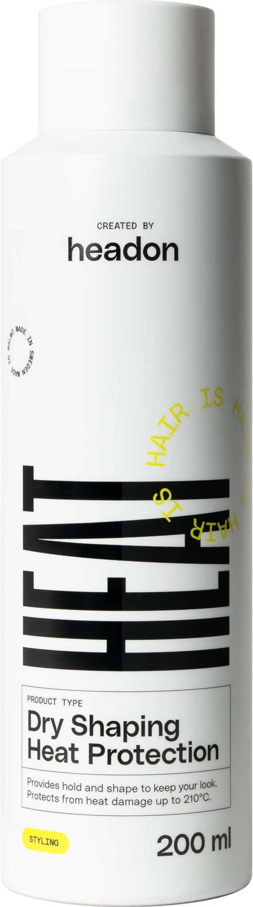 Een witte sprayfles met 'Headon' label en zwarte en gele tekst voor droog stylen en hittebescherming tot 210°C.