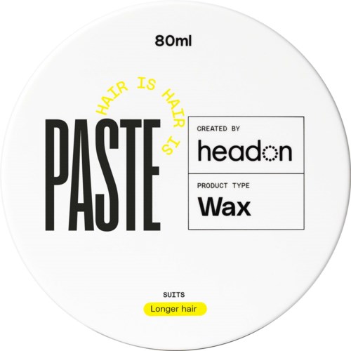 A hair paste product label with 80ml volume, created by headon, for longer hair, made of wax.