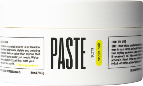A hair product container labeled 'PASTE' for long hair with an instructions section on usage.