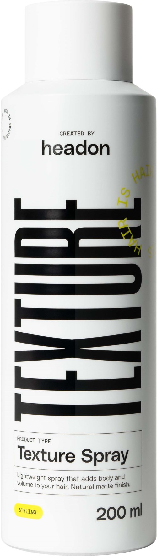 Witte fles met zwarte en gele tekst, 200 ml inhoud, gemaakt door Headon.