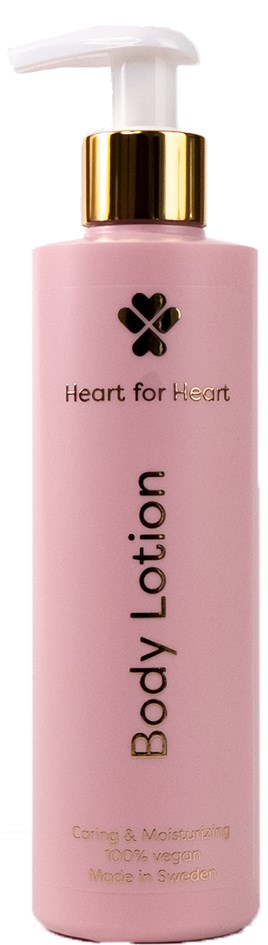 Pink lotion bottle with a pump, gold-colored top, and heart logo. Text says 'Heart for Heart' and 'Body Lotion'.