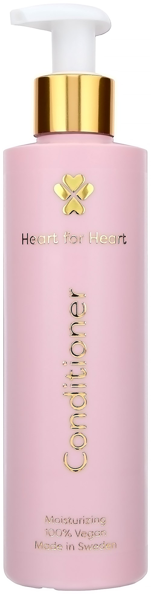 Een roze fles met een witte pomp en goudkleurige accenten. Het heeft de woorden "Heart for Heart" en "Conditioner" erop.