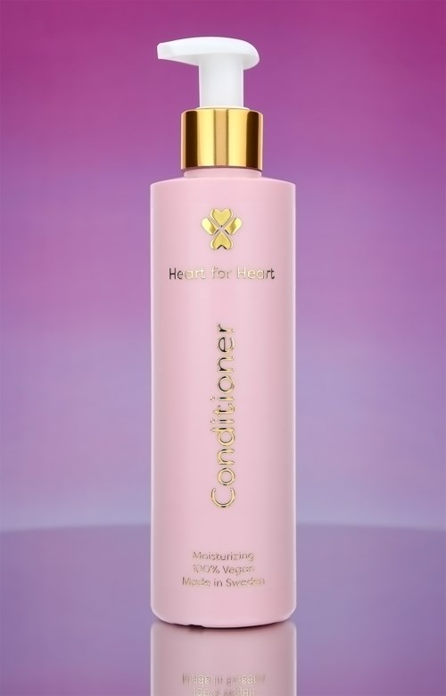 Een roze fles met een gouden dop en pomp, gelabeld 'Heart for Heart' en 'Cosmeticner'.