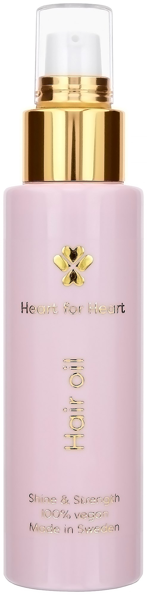 Een roze sprayfles met gouden dop en doorzichtige bovenkant, gelabeld 'Hair Oil' met een kleine bloem.
