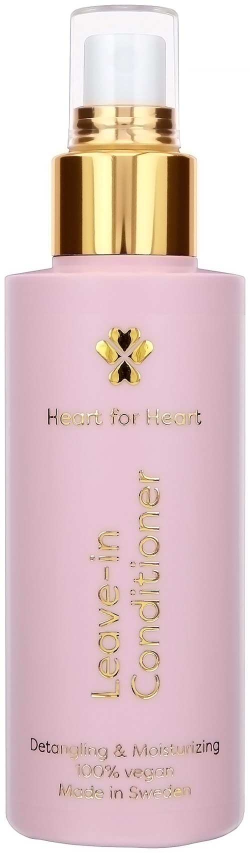 Roze fles met gouden pomp en logo, gelabeld "Leave-in Conditioner" voor ontzwaren en hydrateren van haar.