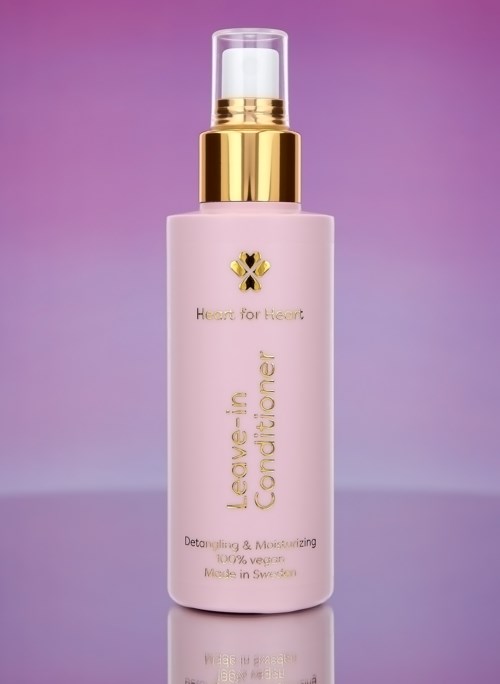 Een roze sprayfles met label als leave-in conditioner, met een gouden klep en een doorzichtige dop op zich, tegen een paarse achtergrond.