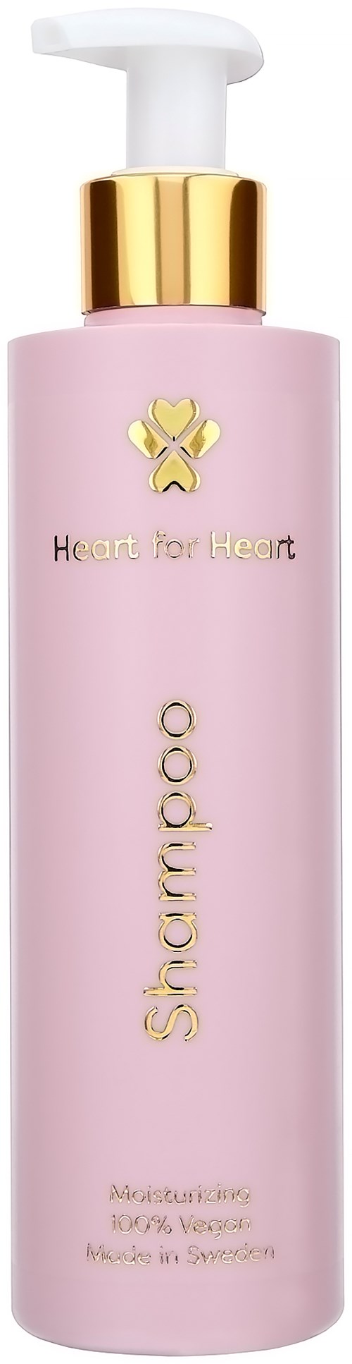 Roze shampoo fles met een witte en gouden pomp, gelabeld 'Heart for Heart' en 'Shampoo'.
