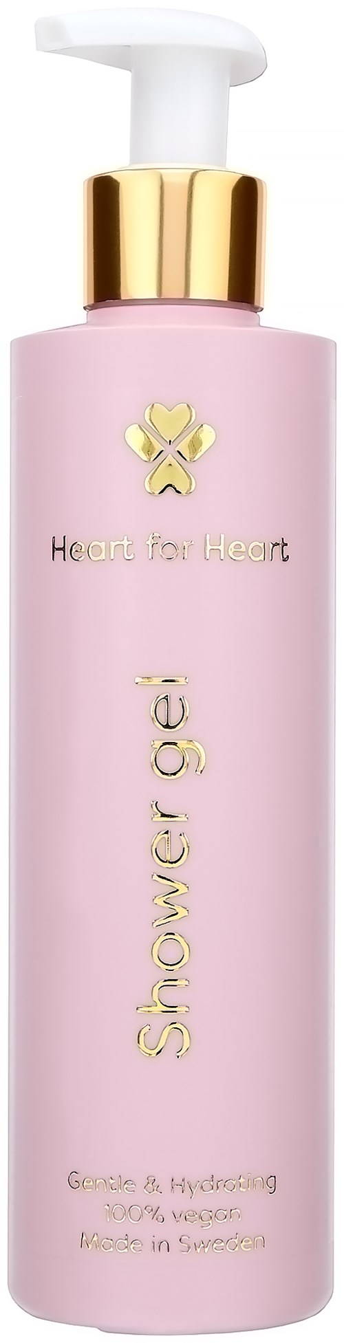 Een roze fles met een witte pomp, gouden accenten en de tekst 'Snowy Gel' en 'Heart for Heart'.