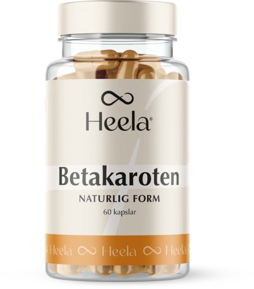 Heela Betakaroten kosttillskott i flaska med beige kapslar och vit etikett.