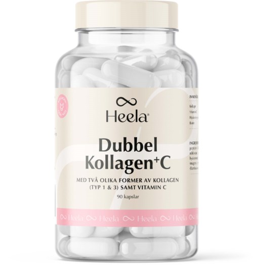 Flaska med kapslar märkt som kollagen och vitaminkapslar. Innehåller 90 kapslar. Märkesnamn är Heela.