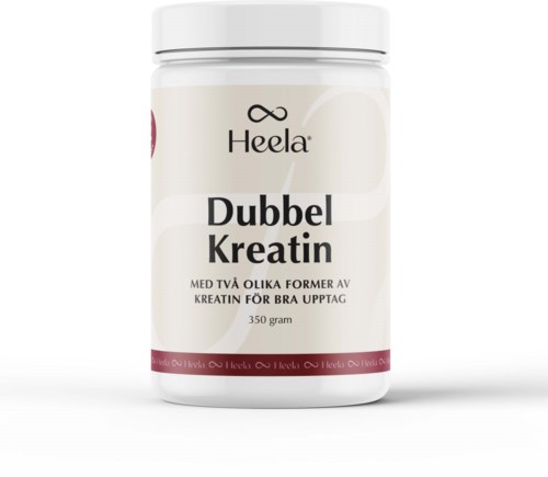 En vit behållare märkt "Heela Dubbel Kreatin," med text på svenska om kreatin för bättre upptag.