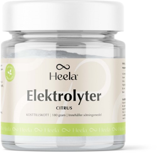 En burk med Heela elektrolyttillskott med citrussmak. Etiketten är vit och grön med text och ett lock.