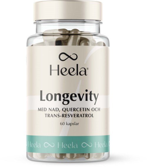 Ett kosttillskott med etiketten 'Heela Longevity' innehållande 60 kapslar, med ingredienserna quercetin och trans-resveratrol.