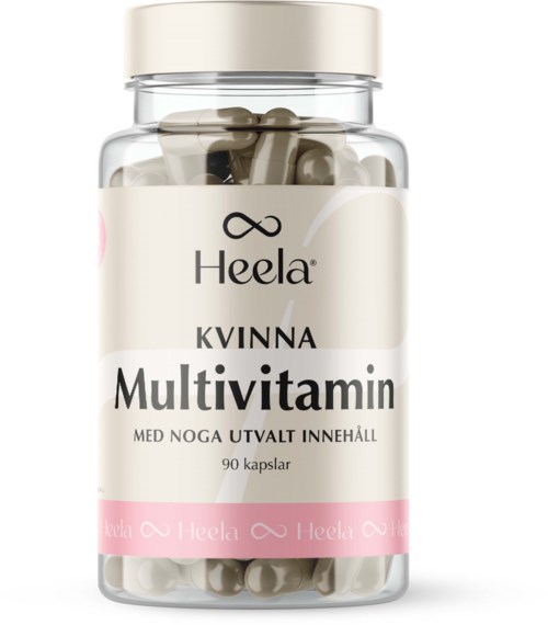 Flaska med multivitaminer för kvinnor med 90 kapslar, märkt Heela, i tydligt behållare med vit och rosa etikett.