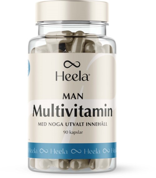 A bottle labeled Heela Multivitamin with 90 capsules, designed for men, containing various vitamins.