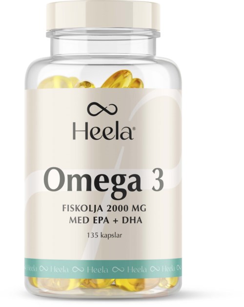 A bottle of Omega-3 dietary supplement with capsules, labeled Heela, for heart health, containing EPA and DHA.