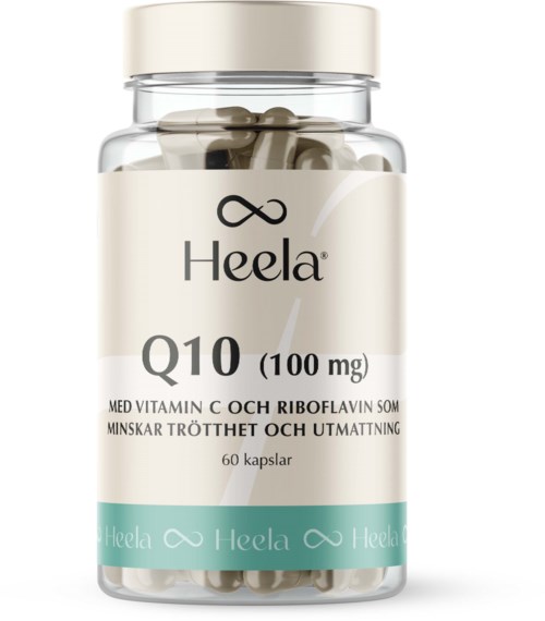 Heela Q10 supplement in a bottle with 60 capsules, promotes energy and reduces tiredness.
