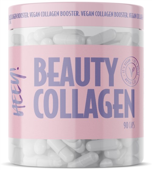 Vegan collagen booster supplement in a pink container with white capsules inside.