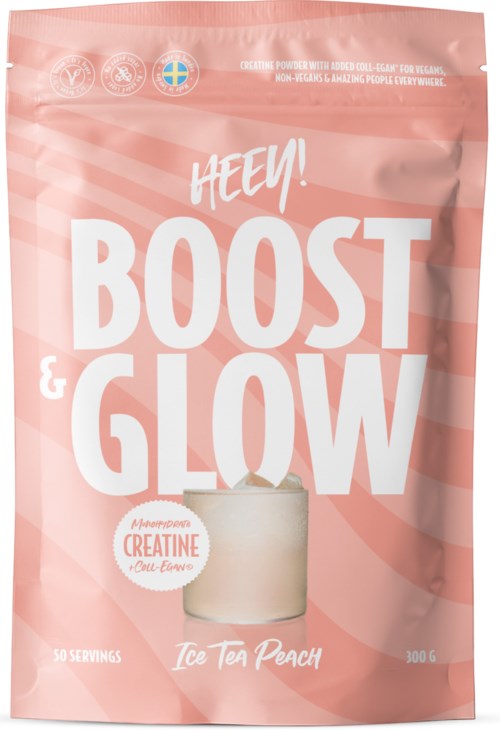 Pink powder package with large white text saying "Hey! Boost & Glow" and a small image of a jar of cream.