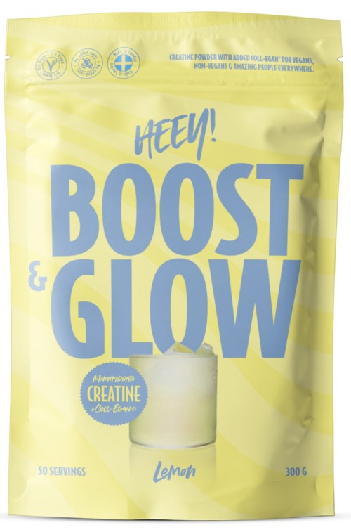 Ljust gul påse med blå text, som marknadsför ett citron-smakande kosttillskott för energi och glow. Innehåller 50 portioner.