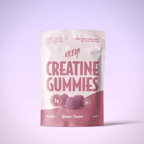 Krämiga bärsmakande gelé i ett rosa och vitt paket som heter Creatine Gummies med 3 g per portion.