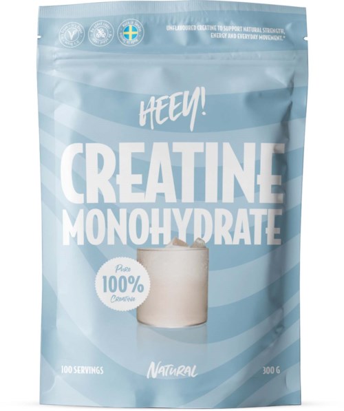 Blue packaging bag with text about creatine monohydrate, showing a glass of water and stating 100 servings.