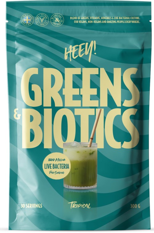 A green package labeled "Greens & Biotics" features a green drink with a straw and claims to contain live bacteria.