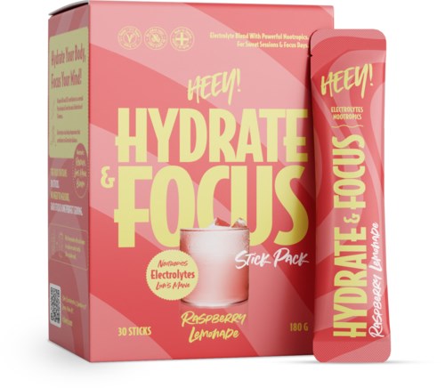 Eine rosa Box und ein pinker Stick mit der Aufschrift "Hydrate & Focus" und HimbeerLimonade-Geschmack, fördert Elektrolytgetränke.