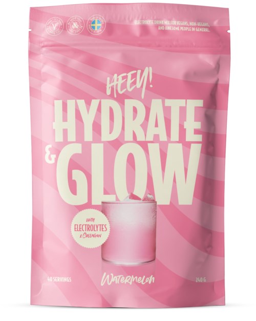 Pinkbeutel mit Text 'HYDRATE & GLOW' und Wassermelonenillustration, bewirbt Elektrolytgetränk für Hydration und Glanz.