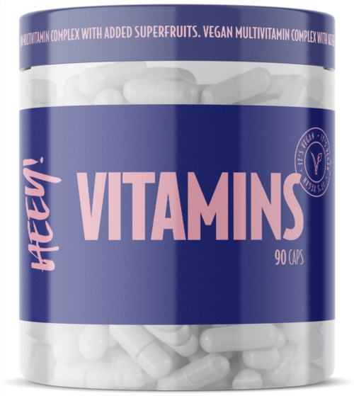 A supplement container labeled 'Vitamins' with 90 capsules, blue and pink design, and information about vegan ingredients.