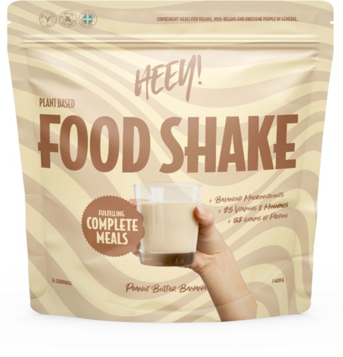 Foldable, beige and brown bag with a hand holding a glass of drink, text about plant-based food shake and nutrients.
