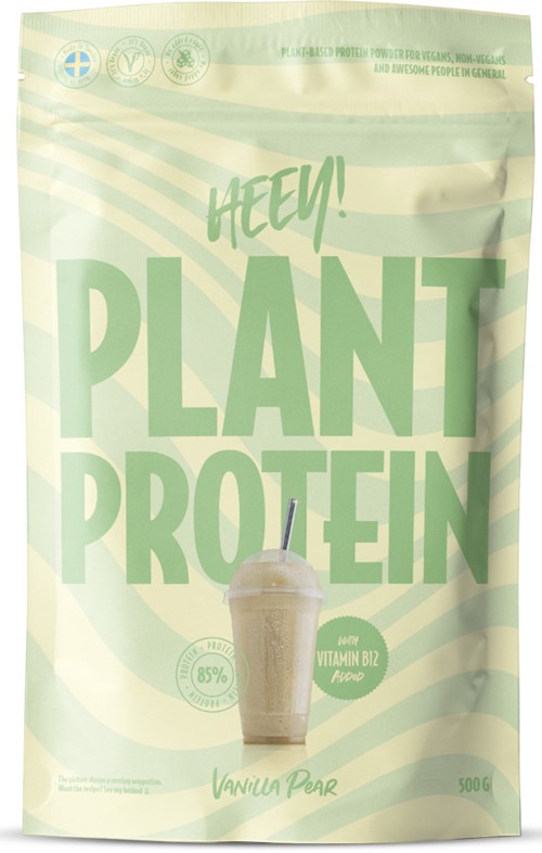 Vihreä ja valkoinen kasviproteiinipussin, vaniljapäärynämakuisen, sisältäen smoothiella ja terveysmerkeillä varustetun kuvion.