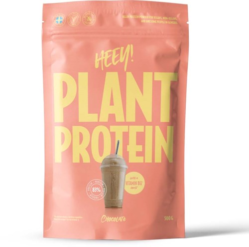 Pink package with yellow text saying "Hey! Plant Protein" and a chocolate drink image.