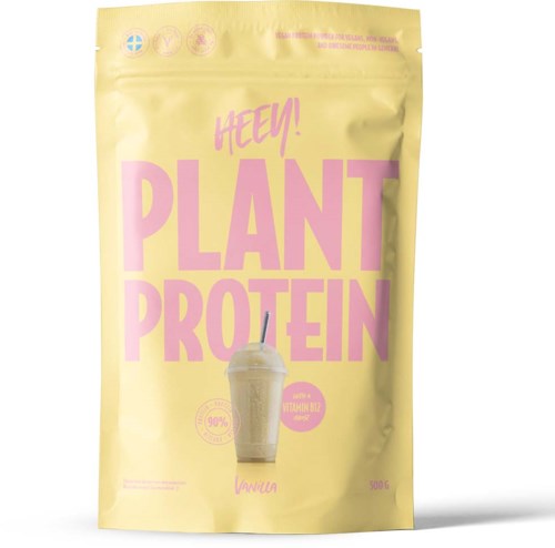 Pale yellow bag with pink text saying 'Plant Protein' and a picture of a smoothie with a straw.