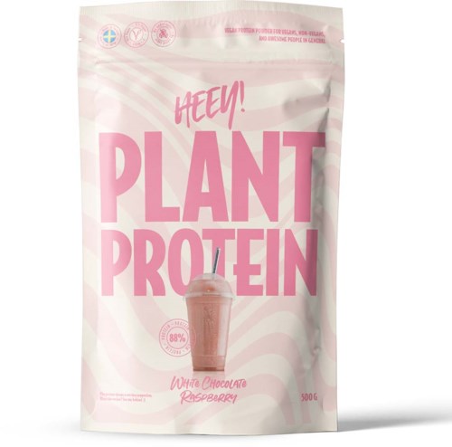 Pink and white package labeled 'Plant Protein' with a picture of a chocolate raspberry drink. Highlights 88% plant ingredients.