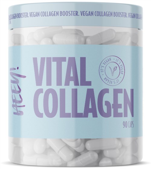 Vegan collagen booster capsules in a white bottle with blue label, emphasizing health and vegan ingredients.