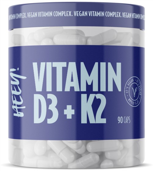 A blue bottle labels a vegan vitamin D3 and K2 supplement with 90 capsules.