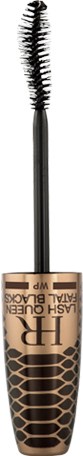 Een mascara-applicator met zwarte borstels en een gouden tube met 'H'-label. Voor oogmake-up.