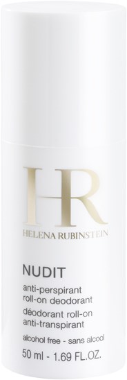 Een witte roll-on deodorantflacon met gouden en zwarte tekst, gelabeld Helena Rubinstein Nudit, alcoholvrij.