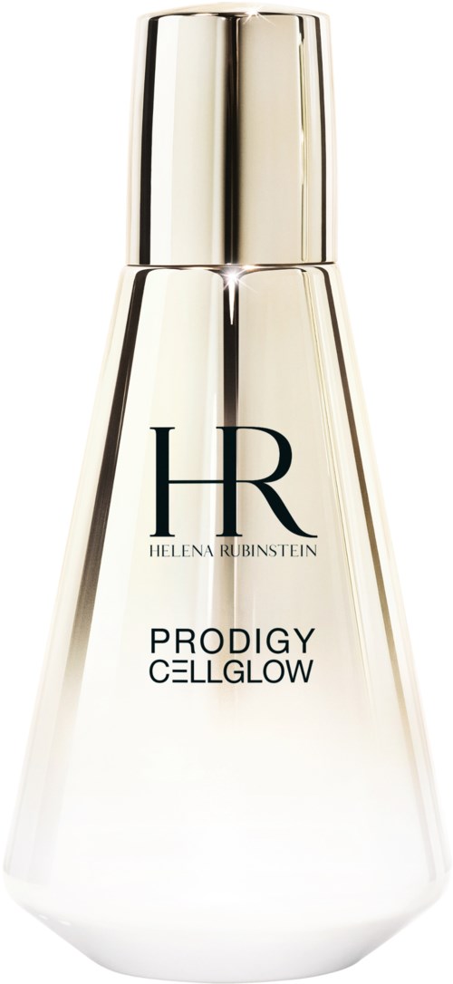 Een witte fles met een glanzende dop, gemarkeerd Helena Rubinstein Prodigy Cellglow, rechtop staand.