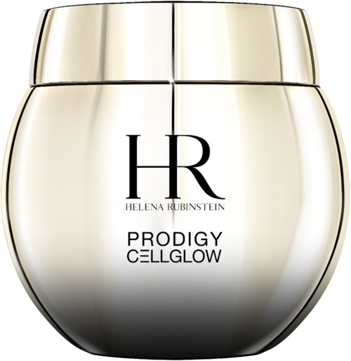 Een zilveren pot met een gouden deksel, gelabeld Helena Rubinstein Prodigy Cellglow, lijkt glanzend en luxe.