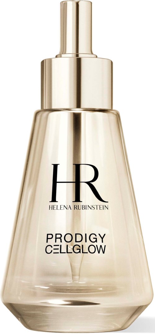Een glanzende, crèmekleurige fles met een pomp, gemarkeerd 'HR HELENA RUBINSTEIN PRODIGY CELLGLOW.'