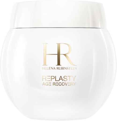Een witte pot met gouden letters, deksel, merk Helena Rubinstein, Replasty Age Recovery.