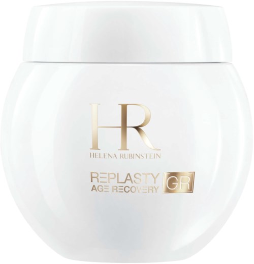 Een witte pot met gouden en zilveren tekst, gelabeld Helena Rubinstein Replasty Age Recovery, met een gladde, ronde vorm.
