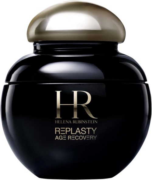 Een zwarte pot met een gouden deksel, gemarkeerd Helena Rubinstein Replasty Age Recovery.